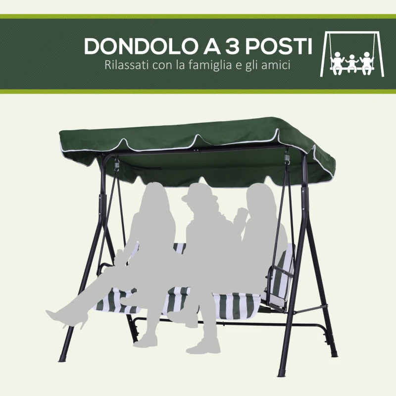 Outsunny Dondolo da Giardino a 3 Posti con Tettuccio Inclinabile e Cuscini, 172x110x153 cm, Verde