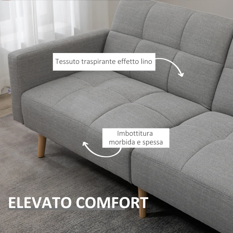 HOMCOM Divano Letto Matrimoniale con Tessuto Traspirante Effetto Lino e Schienale Regolabile, 205x88x80 cm, Grigio