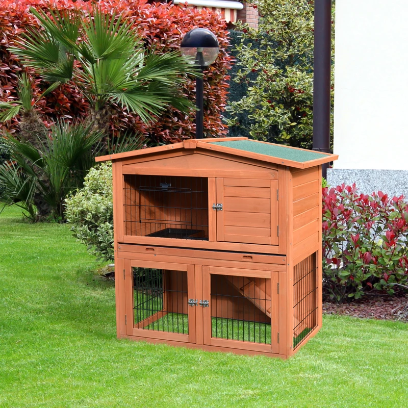 PawHut Kleintierstall Zwergkaninchenstall draußen winterfest Zweistufiger Aufbau mit Rutsche Kleintierkäfig Doppelstöckiger Tannenholz Hellrot 100,5 x 55 x 101 cm
