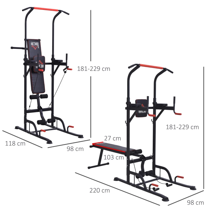 HOMCOM Station de traction musculation multifonctions Fitness entrainement complet barre de traction poignées push-up sit-up banc pliable hauteur réglable acier 98 x 220 x 229 cm noir rouge