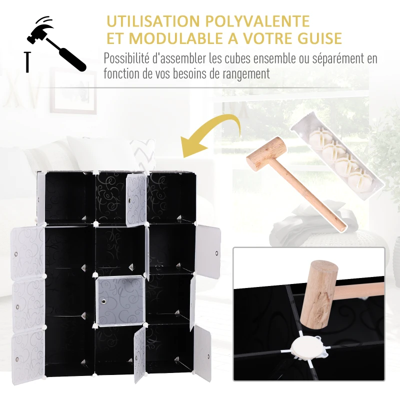 HOMCOM Garde robe armoire à vêtements L 111 x l 47 x H 145 cm modulable 12 cubes noir et blanc