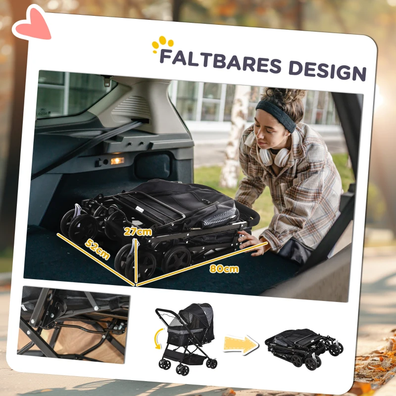 PawHut Hundebuggy Hundewagen Buggy für kleine Hunde und Katzen Haustierwagen Pet Stroller Katzenbuggy Oxford Schwarz 76,5 x 52 x 95 cm(m-5)