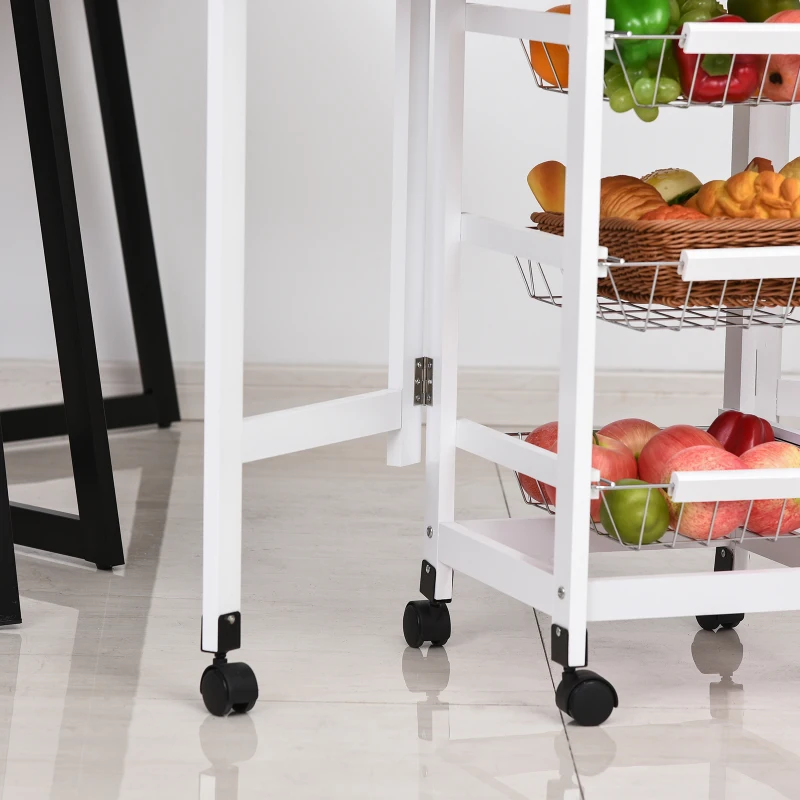 HOMCOM Carrito Auxiliar Plegable Carrito de Cocina con 6 Ruedas 1 Cajón y 3 Cesta de Metal 97,2x37x77,5 cm Blanco y Roble(m-7)