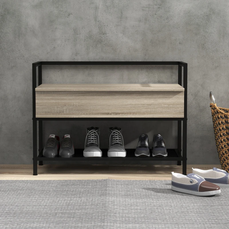 HOMCOM Banco Recibidor con Tapa Abatible Mueble Zapatero con Compartimento Oculto y Estante de Rejilla 84x39,5x61 cm Roble