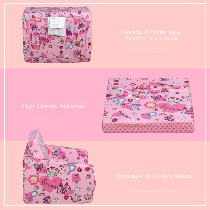 HOMCOM Sillón Infantil 2 Modos de Uso Extensible Ergonómico Funda Lavable Mini Sofá para Niños +12 Meses Asiento Acolchado Esponja 56x42x39 cm Rosa