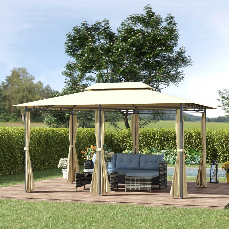 Outsunny Pavillon 3x4m Gartenpavillon mit 6 Seitenteilen Partyzelt Gartenzelt Festzelt mit Doppeldach Beige+Schwarz