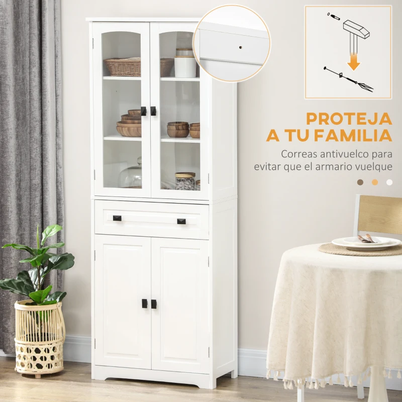 HOMCOM Alacena de Cocina con 2 Puertas de Vidrio 2 Estantes Ajustables y Cajón para Salón Comedor 60x30x160 cm Blanco