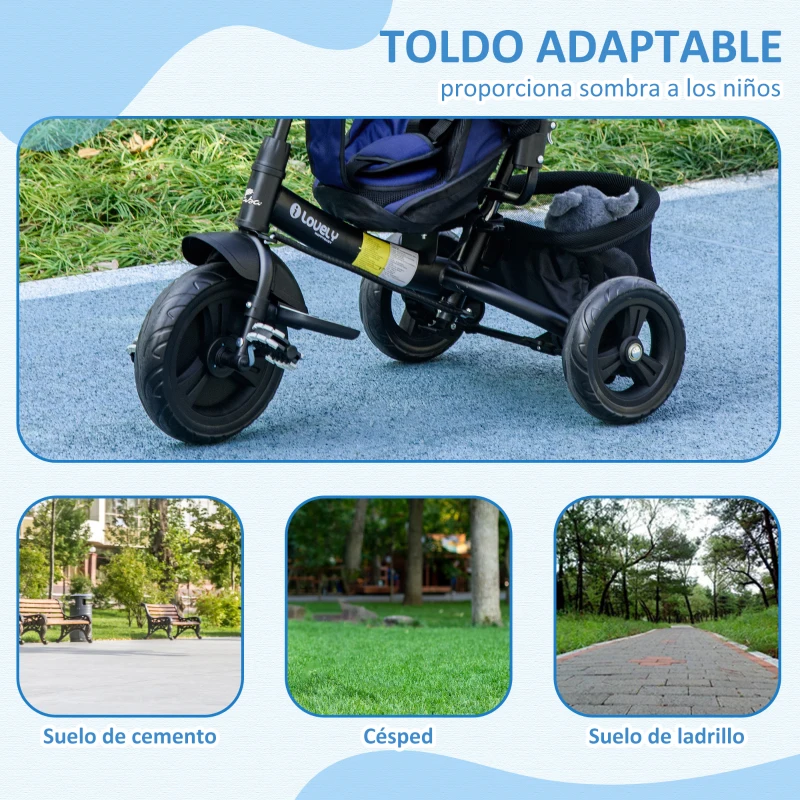 HOMCOM Triciclo para Bebés de +12 Meses con Mango de Empuje Telescópico y Desmontable Bolso para Mamá y Portabotellas Azul