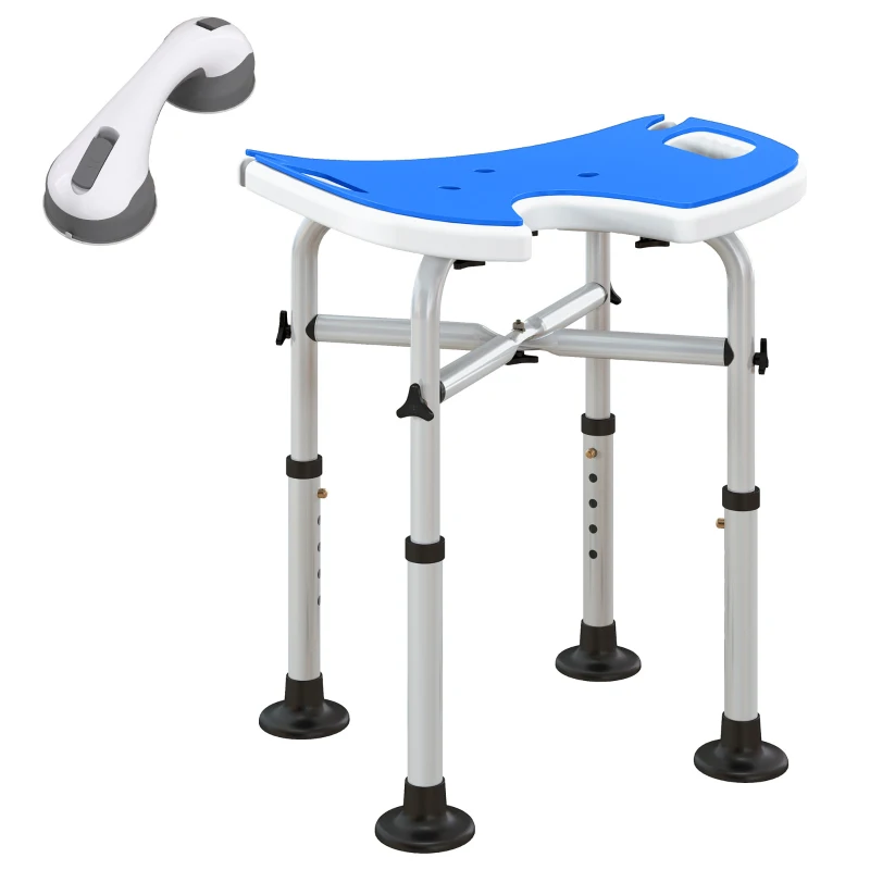 HOMCOM Silla de Ducha Antideslizante con Barra de Agarre con Ventosas Altura Regulable y Asiento en Forma de U Azul