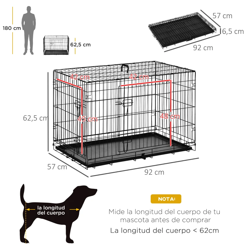 PawHut Jaula para Perros Plegable Transportín para Perros con 2 Puertas Bandeja Extraíble Asa de Transporte 92x57x62,5 cm Negro