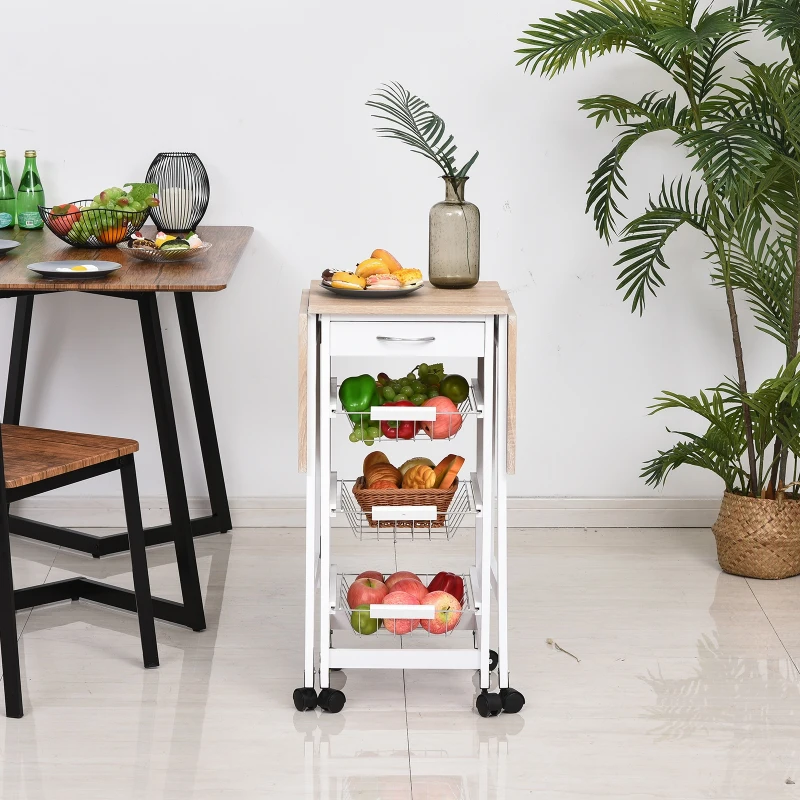HOMCOM Carrito Auxiliar Plegable Carrito de Cocina con 6 Ruedas 1 Cajón y 3 Cesta de Metal 97,2x37x77,5 cm Blanco y Roble(m-8)