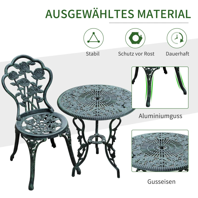 Outsunny Bistroset Gartenset für 2 Personen Balkonmöbel Set Gussaluminium Antik Grün