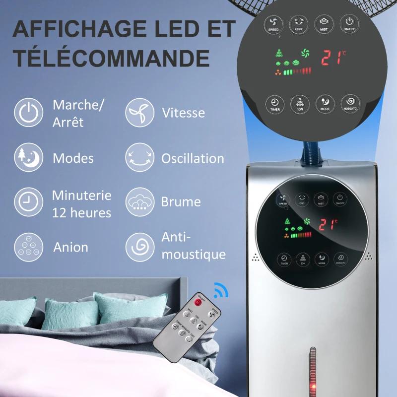 HOMCOM Ventilateur brumisateur 90 W avec 3 modes 3 vitesses, télécommande, minuterie 12H, oscillation à 70°, gris et noir
