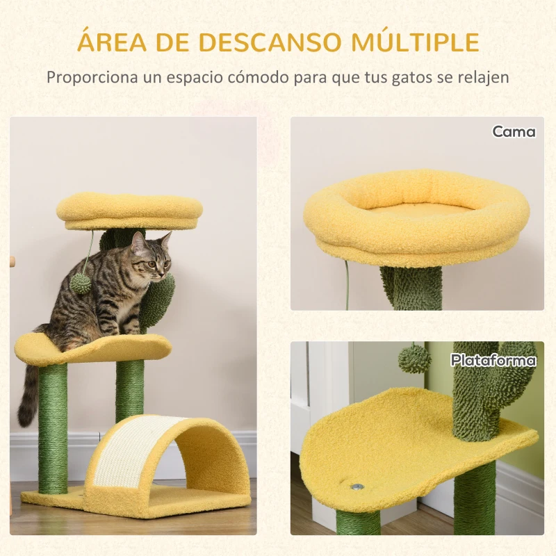 PawHut Rascador para Gatos de 72 cm con Cama Poste de Sisal Rascador Curvo y Bola Colgante 40x35x72 cm Verde y Amarillo