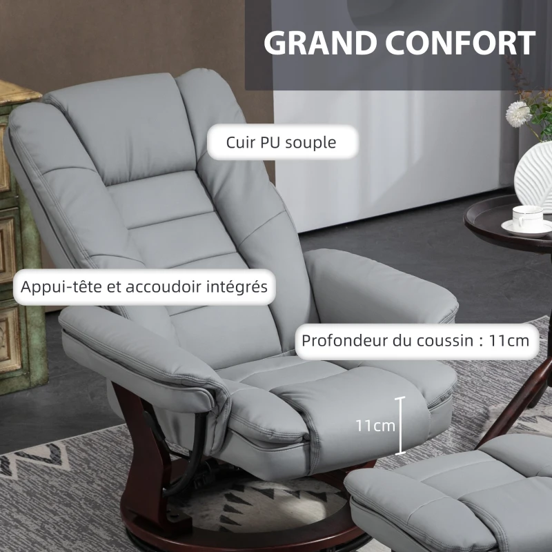 HOMCOM Fauteuil relax inclinable 135° grand confort pivotant 360° avec repose-pieds revêtement synthétique gris(m-6)
