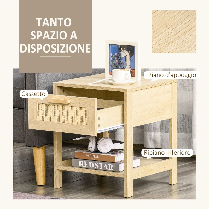 HOMCOM Comodino Moderno con Cassetto e Ripiano Inferiore Portaoggetti, in MDF, 40x40x48 cm, color Legno