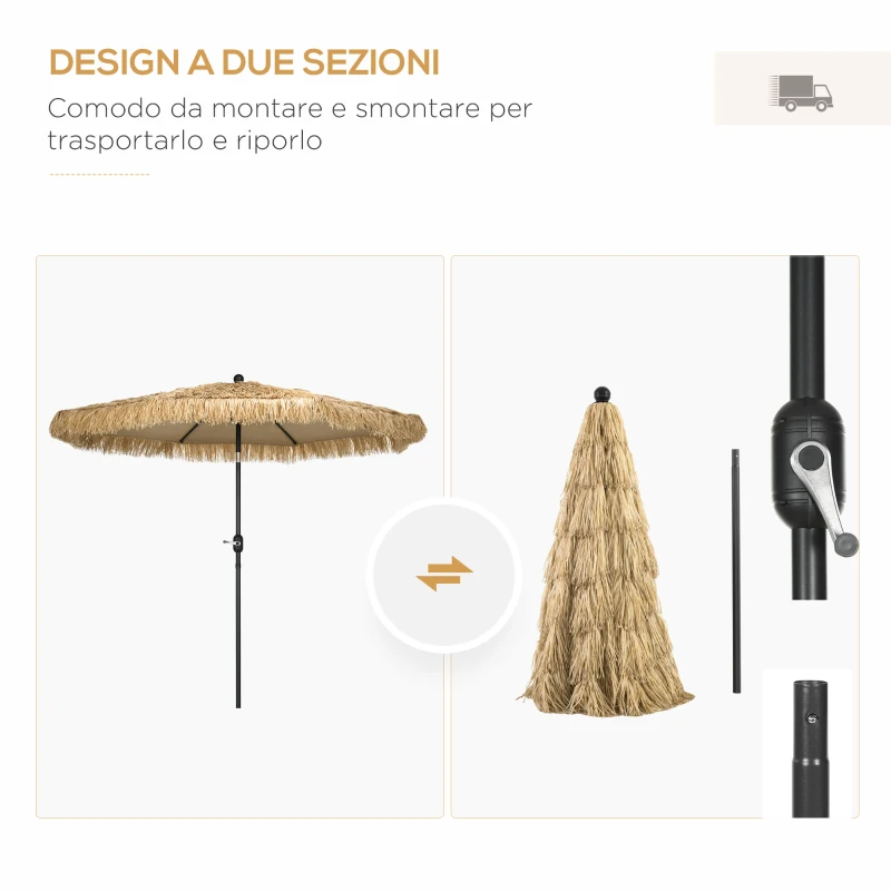 Outsunny Ombrellone da Giardino Rotondo con Copertura in Paglia e Manovella, Ø265x250cm, Cachi
