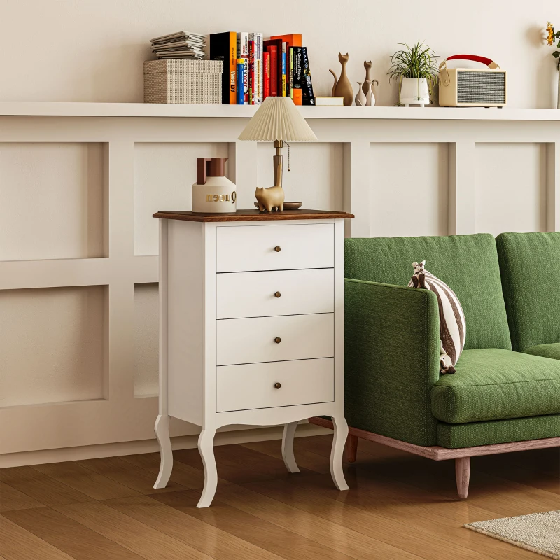 HOMCOM Cómoda de Dormitorio con 4 Cajones Diseño Anti-vuelco Cajonera para Salón Pasillo 60x40x98,5 cm Blanco y Roble
