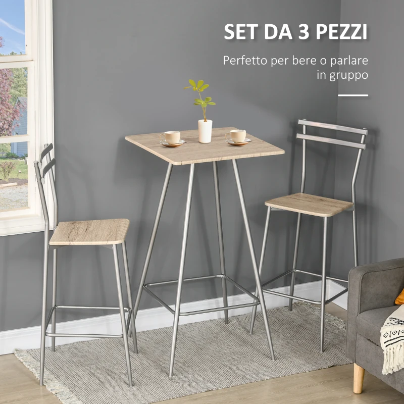 HOMCOM Set 3 Pezzi con Tavolino Alto e Sgabelli da Bar in Legno e Acciaio, Color Quercia