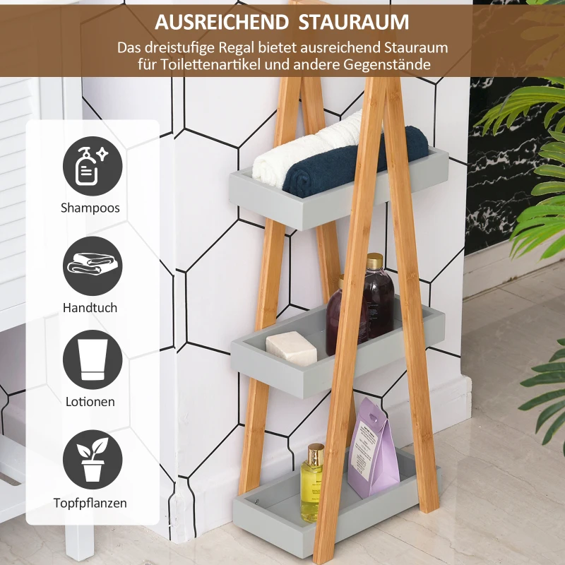 kleankin Badregal 3 Ebenen Treppenregal Leiterregal Badezimmer MDF Bambus Grau 30 x 18 x 81 cm