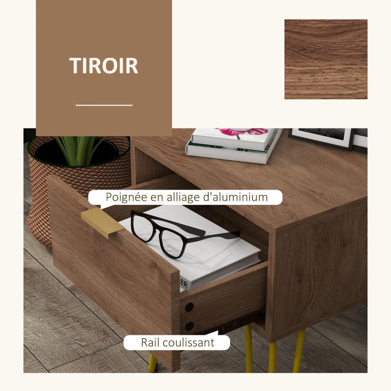 HOMCOM Table de chevet table de nuit avec tiroir table d'appoint en bois - pieds en épingle acier doré 39,5L x 41l x 49H cm