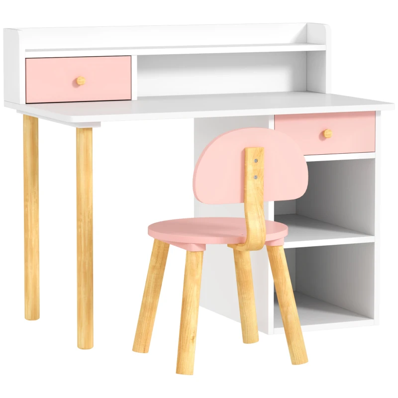 AIYAPLAY 2 Pieces Children Study Table with Hutch, Kids Desk and Chair Set with Storage, Drawer, Shelves, Pink