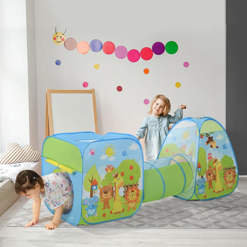 HOMCOM Pop up Kinderspielzelt 3-teiliges Babyzelt Kinderzelt Tunnel Faltbar Polyester 230 x 74 x 93 cm
