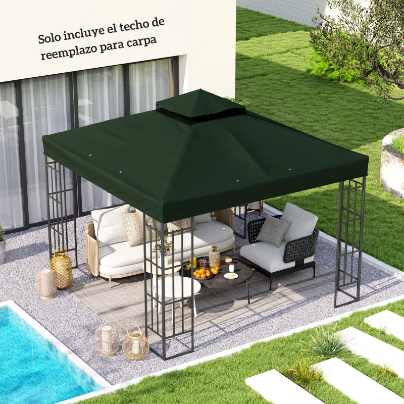 Outsunny Toldo de Recambio 3x3 m con Techo Doble con Orificios de Drenaje y Protección UPF30+ Verde Solo Toldo NO Incluye Marco