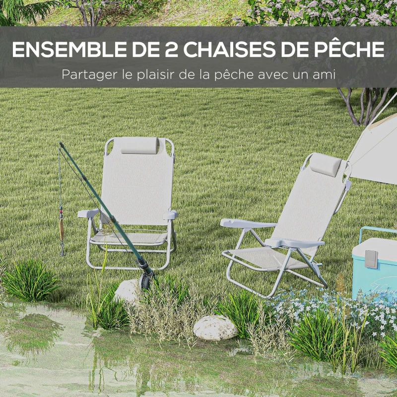 Outsunny Lot de 2 chaises de jardin pliantes chaise de pêche portable chaise de camping appui-tête dossier inclinable à 6 niveaux