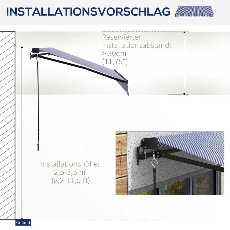 Outsunny Sonnenmarkise Markise Terrassenmarkise, inkl. Handkurbel, wetterbeständig, 247 cm x 295 cm, Blau + Weiß