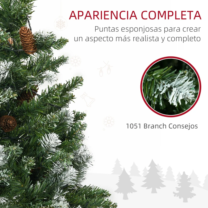 HOMCOM Árbol de Navidad Artificial con Luces LED Altura 230 cm con 1051 Ramas 45 Piñas Apertura Automática Base Plegable