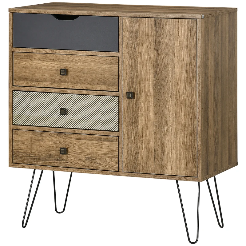 HOMCOM Meuble de rangement commode buffet 4 tiroirs 1 placard - pieds épingles à cheveux style bohème 79 x 39 x 86 cm marron