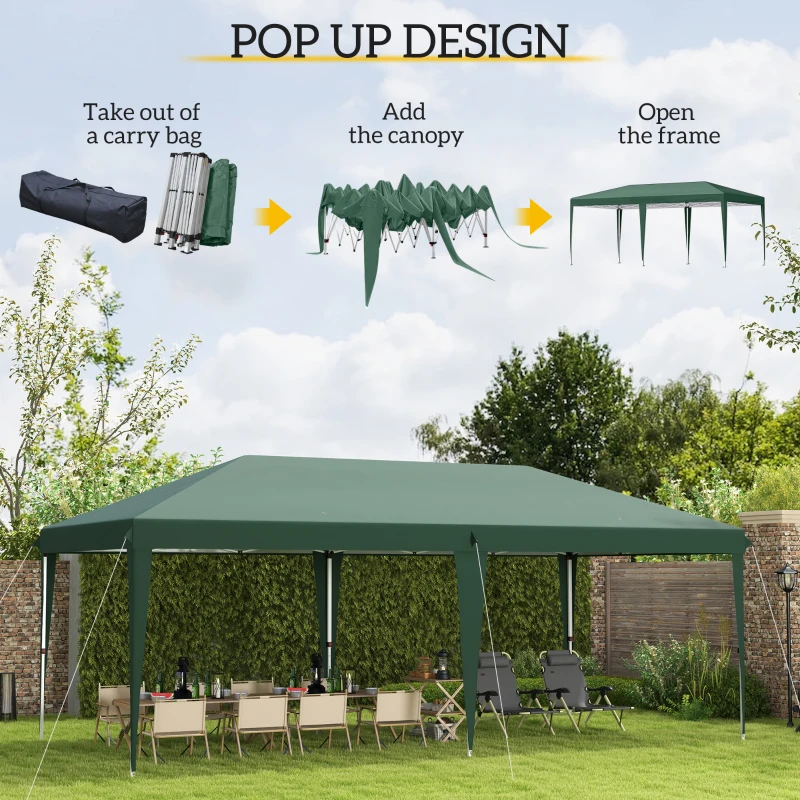 Outsunny Pop Up Gazebo 3 x 6m, Foldable Canopy Tent, Height Adjustable Wedding Awning Canopy w/ Carrying Bag, Green