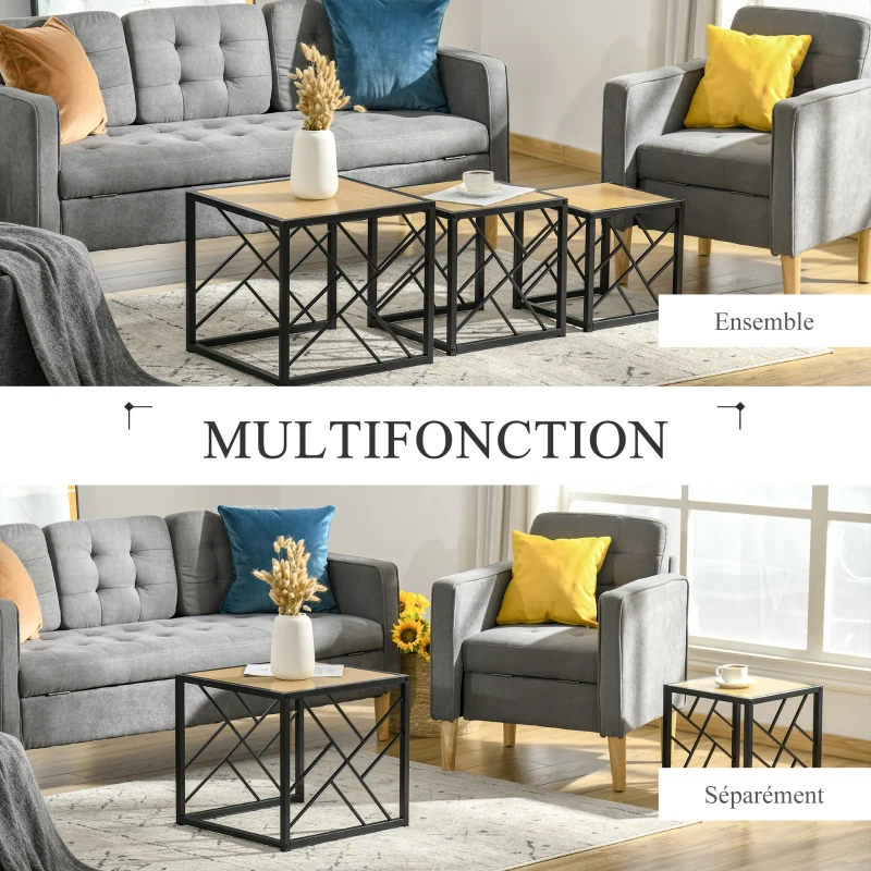 HOMCOM Ensemble de 3 Tables Basses gigognes encastrables Style Industriel métal Noir Aspect Bois Clair