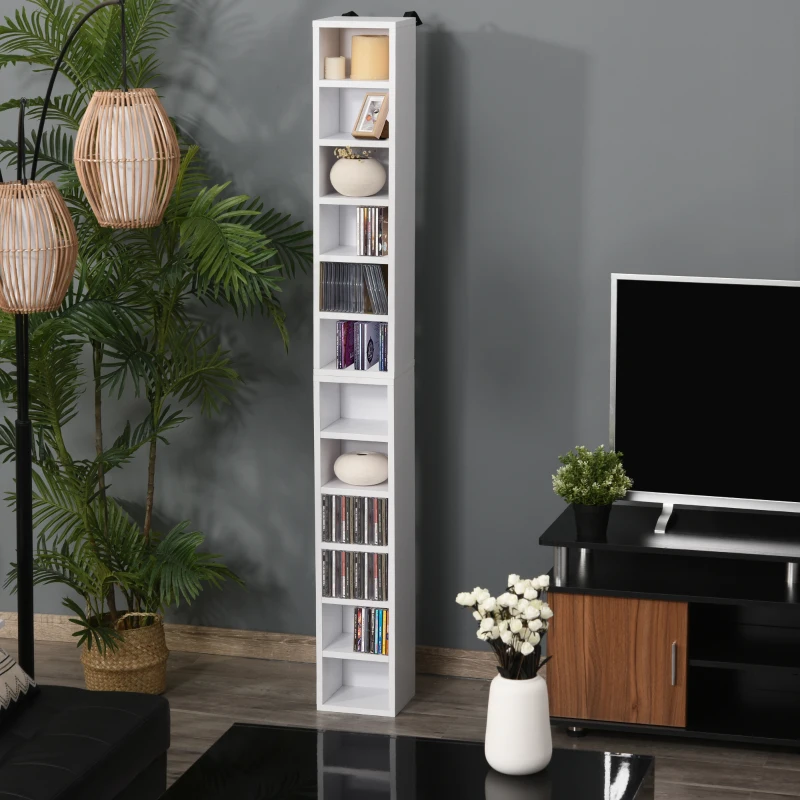 HOMCOM CD-Ständer 2er Set CD-Regal Holzregal Standregal mit 12 offenen Ablagefächern Medienrega Dekoregal Aufbewahrung Weiß 21 x 19,2 x 88,3 cm