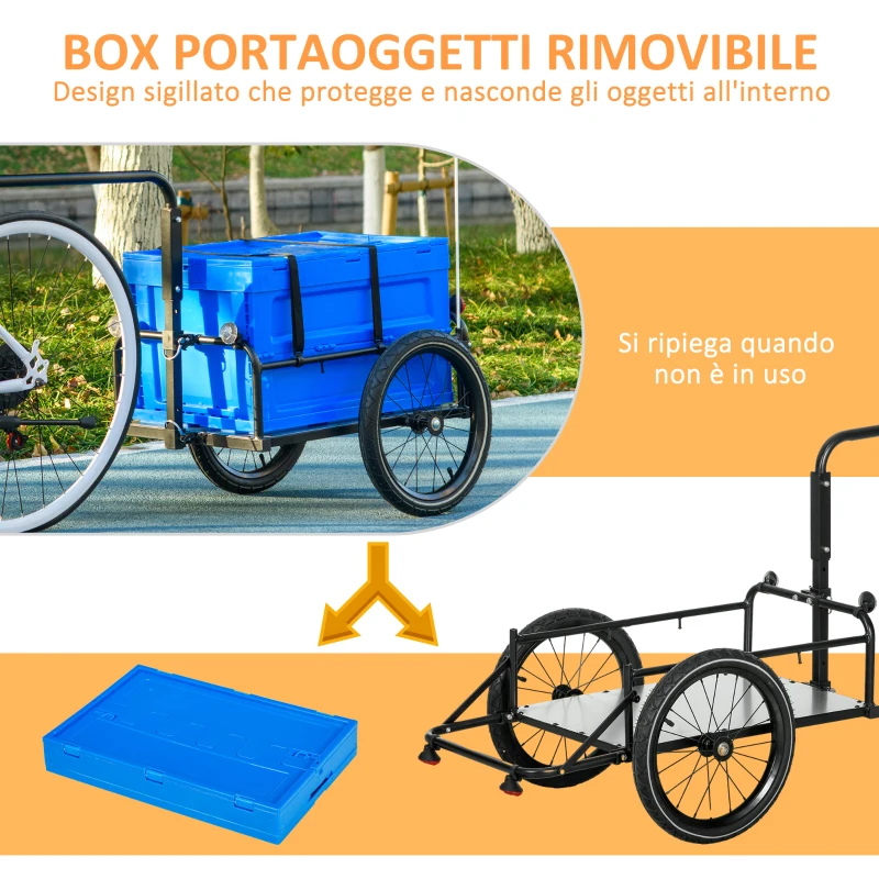 HOMCOM Rimorchio Bici ad Altezza Regolabile con Box Portaoggetti da 65L in Plastica, in Acciaio, 145x61x76/81 cm, Blu