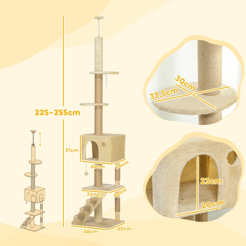 PawHut Árbol para Gatos de Suelo a Techo de 225-255 cm con Altura Ajustable Múltiples Plataformas Escalera Bola Colgante Beige