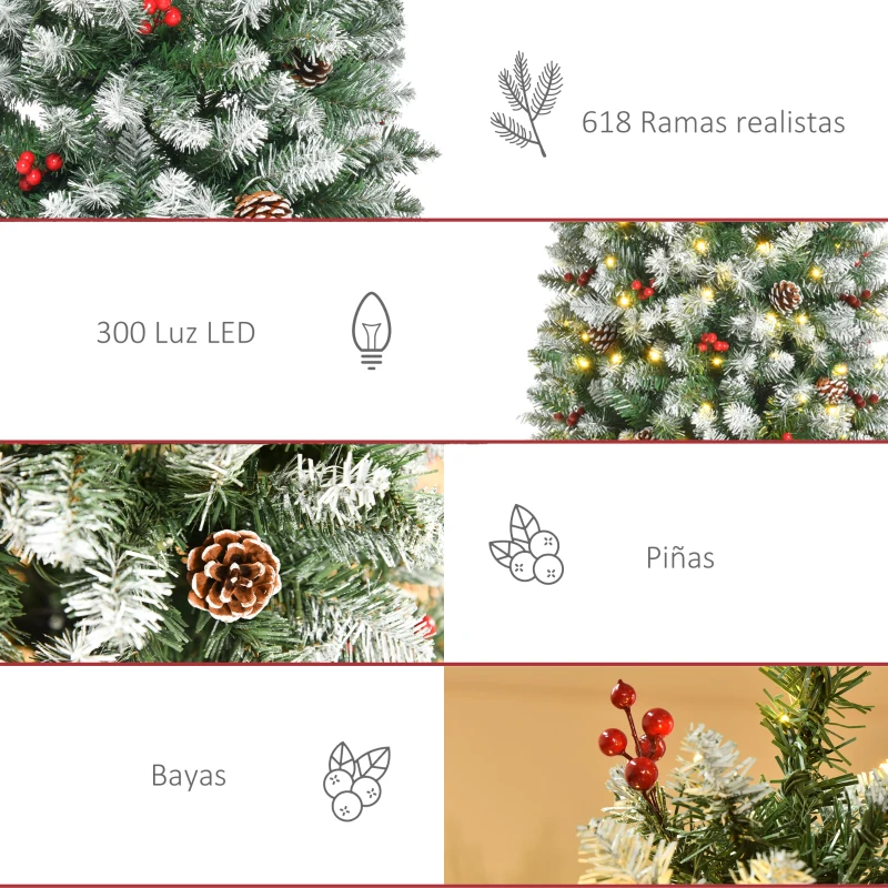 HOMCOM Árbol de Navidad Nevado Artificial 180 cm Árbol de Navidad con 300 Luces LED Blanco Cálido 618 Ramas Ignífugas de Plástico Decoraciones Incluidas y Base Plegable Ø65x180 cm Verde