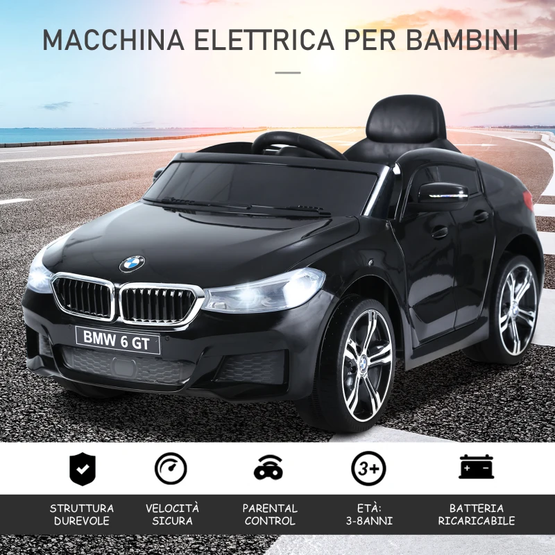 HOMCOM Macchina Elettrica per Bambini BMW 6GT 6V, Macchina Telecomandata con Musica e Fari LED, MP3, Clacson, 106 x 64 x 51 cm, Nero