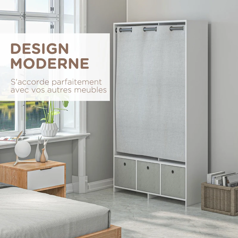 HOMCOM Armoire penderie armoire de rangement avec tringle rideaux 3 tiroirs en tissu amovibles 105 x 48 x 160 cm blanc