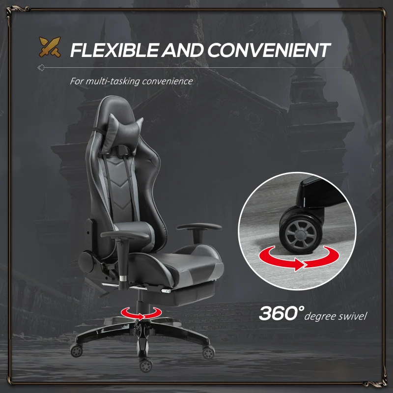 HOMCOM Gaming Chair, Computer Desk Chair with Footrest, PU Leather Ergonomic Office Chair with 180° Reclining Back, Lumbar Cushion, Headrest & Height Adjustable Armrest, Black and Red, Grey