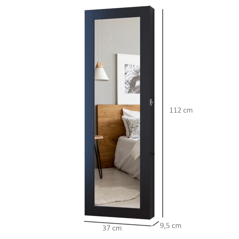 HOMCOM Espejo Joyero Colgante de Pared Armario de Joyería Organizador de Joyas con Ganchos y Ranuras para Collares para Dormitorio Salón 37x9,5x112 cm Negro