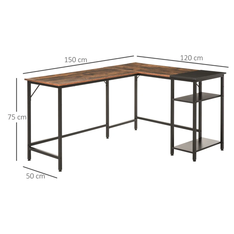 HOMCOM Escritorio Esquinero Mesa de Ordenador estilo Industrial en Forma de L para Oficina con Estante y Pies ajustables 150x120x75 cm Marrón Rústico