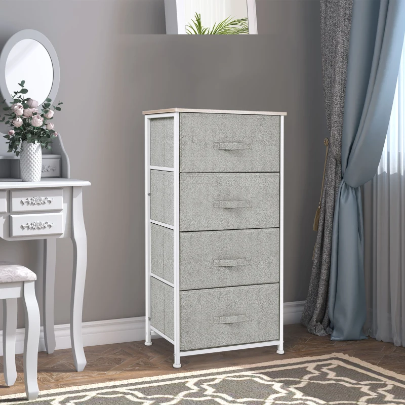 HOMCOM Mobile Contenitore con 4 Cassetti in Lino Pannello Telaio in Acciaio Verniciato a Polvere Ripiano Superiore in MDF Grigio Max:25 kg 45x30x92cm