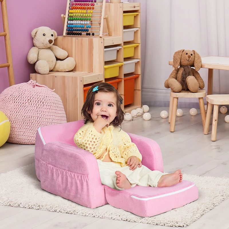 HOMCOM Children's Armchairs Kids Toddler Sofa Chair 2 In 1 Sofa Bed Folding Couch Soft Flannel Sponge for 3-4 years old Playroom Bedroom Living Room Pink