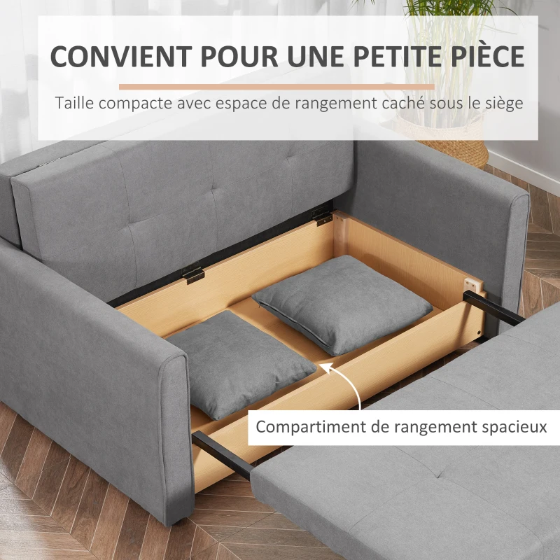 HOMCOM Canapé-lit 2 places convertible 2 en 1 avec 2 coussins inclus et coffre de rangement intégré 152 x 101 x 81 cm gris