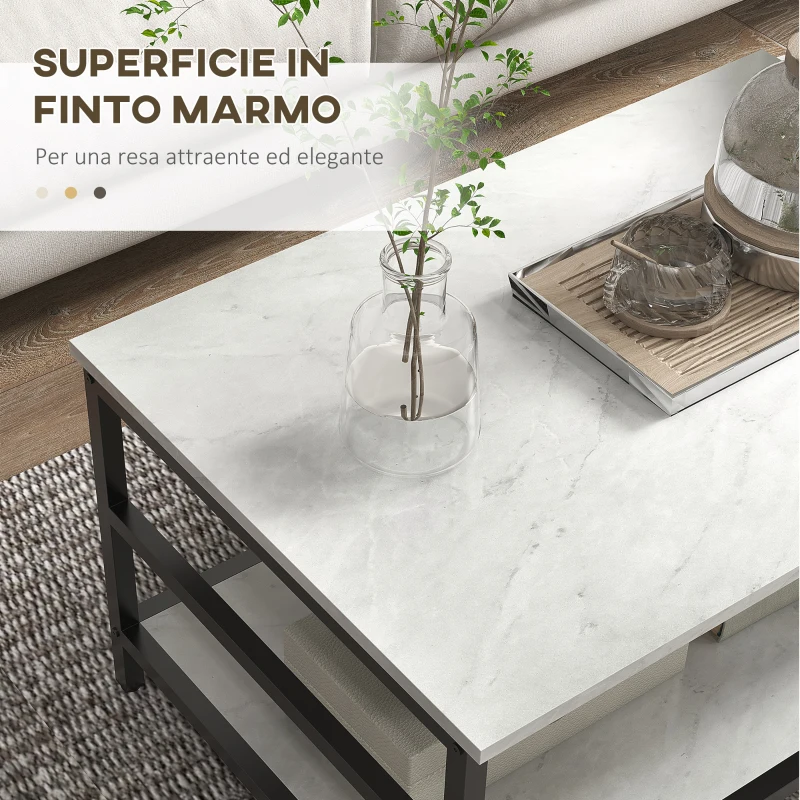 HOMCOM Set 2 Tavolini da Caffè a 2 Livelli in Truciolato e Acciaio con Piano d'Appoggio Effetto Marmo, Bianco e Nero