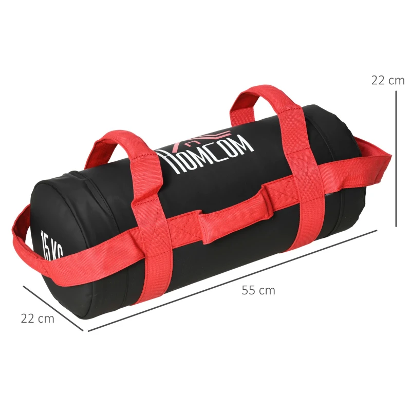 HOMCOM Sacca Bulgara da 15kg con 6 Cinghie per Allenamento Fitness in Casa, Ufficio e Palestra, Ø22x55 cm, Nero e Rosso