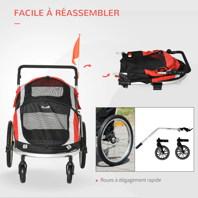 PawHut Remorque à vélo pour chien convertible jogger 2 en 1 pour animaux avec drapeau réflecteurs roues arrières gonflables aluminium
