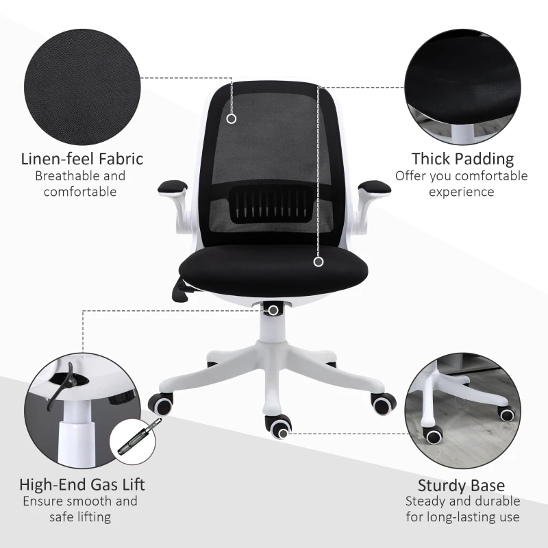 Vinsetto Swivel Office Chair Breathable Fabric Study Computer Chair with Flip-Up Arm for Home, Black